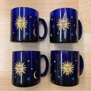 Whimsigoth, sun, moon and stars, dark navy blue mug set of four